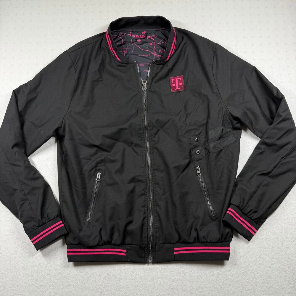 T-Mobile Men’s Bomber Jacket Large Black Pink Full Zip Lightweight Jacket